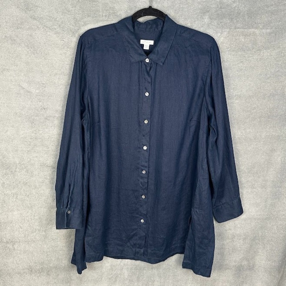 J Jill Top Womens 1X Navy Love Linen Long Sleeve Button Front Lightweight Preppy